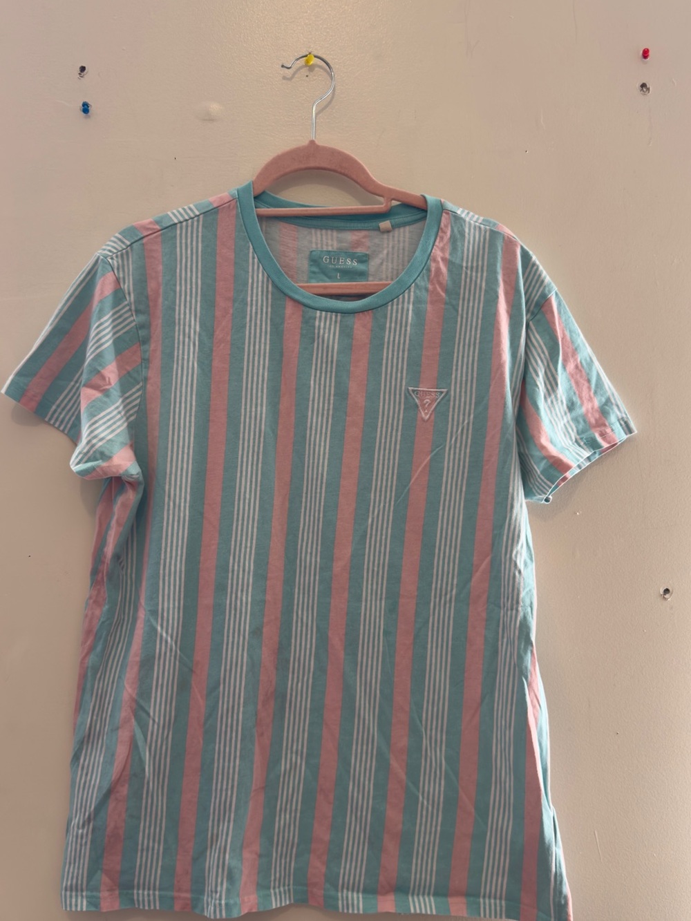 GUESS Men’s Teal and Pink Vertical Stripe Crewneck Tee